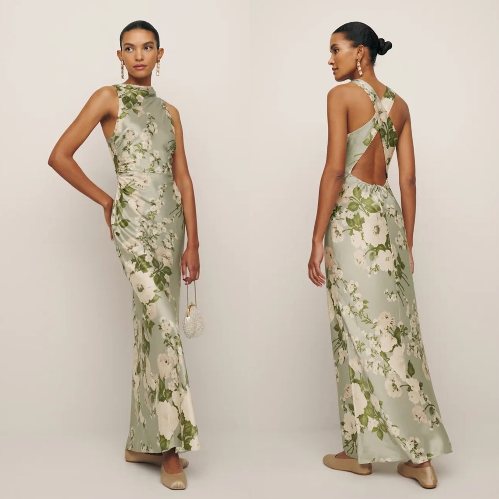 NEW Reformation Anaiis Silk Maxi Dress Tarragon Floral Open Back High Neck, 8P